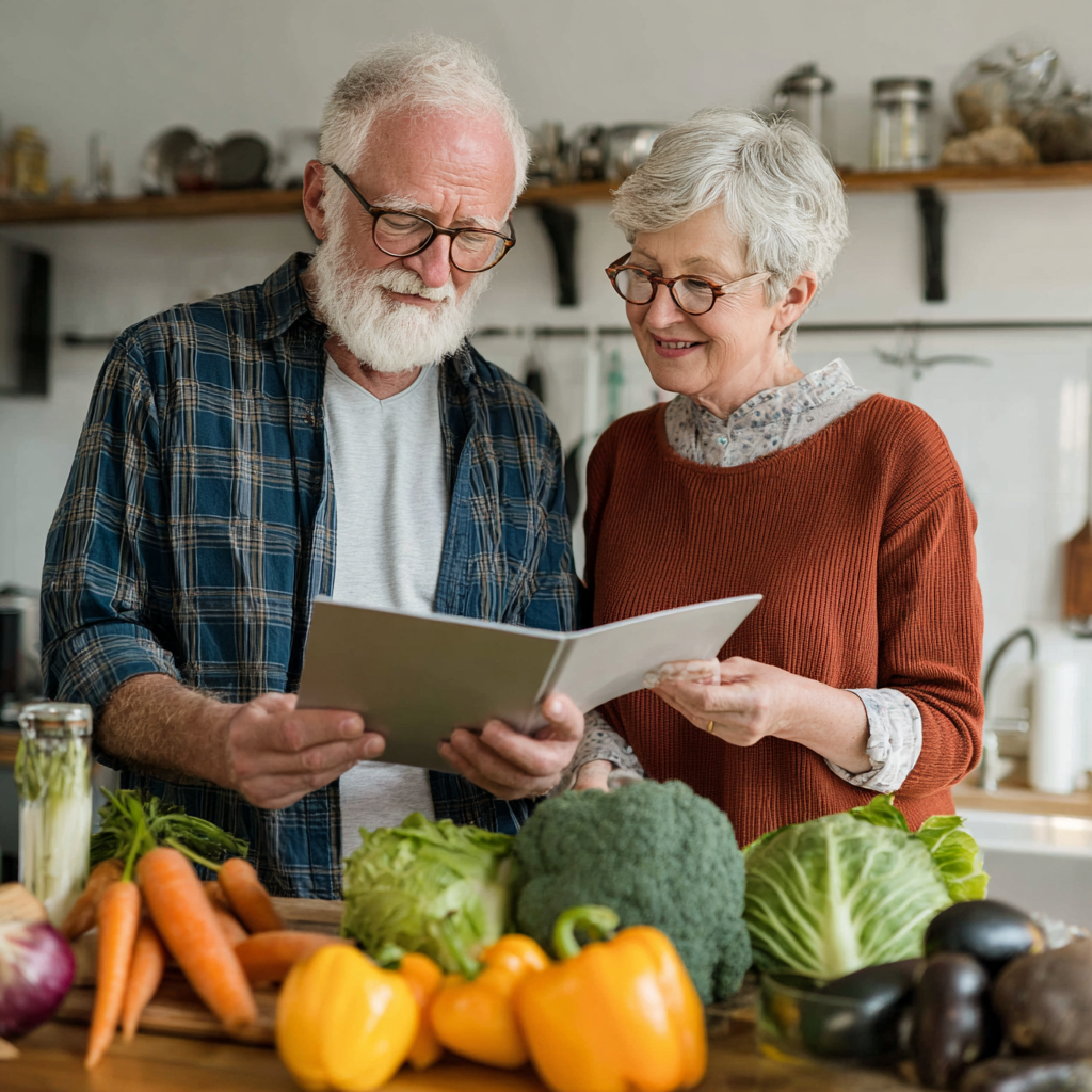 Mature adults reviewing personalized nutrition plans in a bright kitchen setting